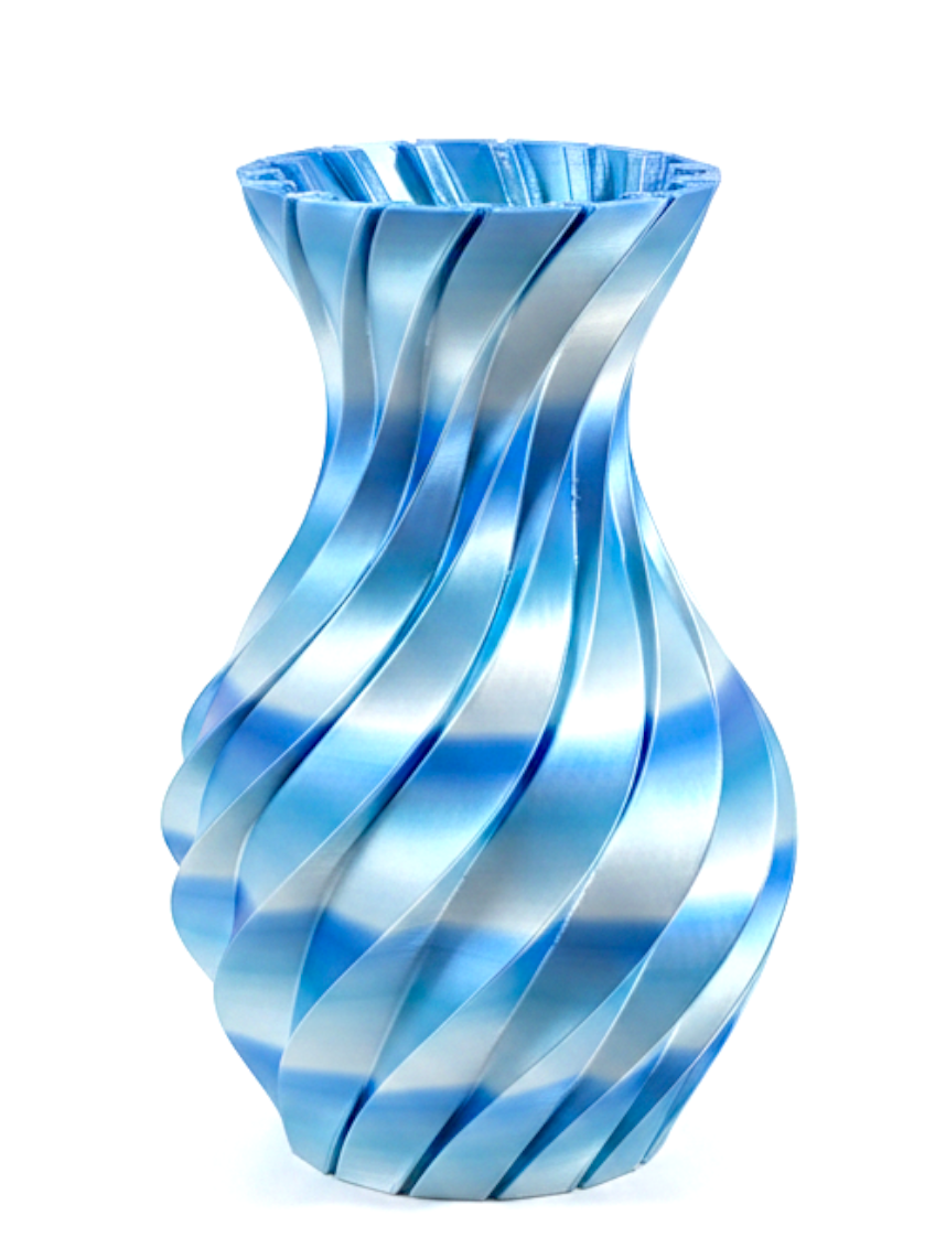 JT-PRINT-SERVICE Blue Silk 3D printed vase with a spiral ribbed design and glossy satin finish on a white background.