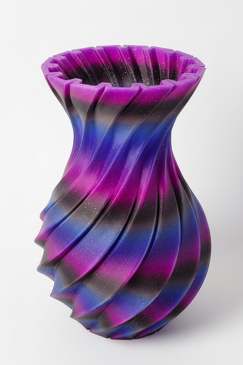 JT-PRINT-SERVICE Dark Galaxy twisting pillars vase with glittery black, purple, and blue gradient spiral design.