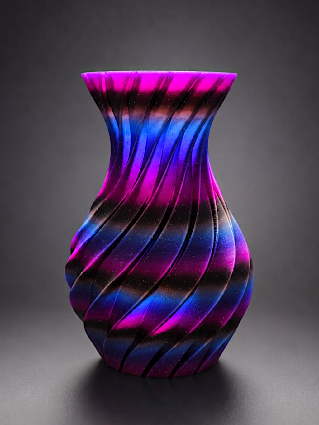 JT-PRINT-SERVICE Dark Galaxy twisting pillars vase with glittery black, purple, and blue gradient spiral design.