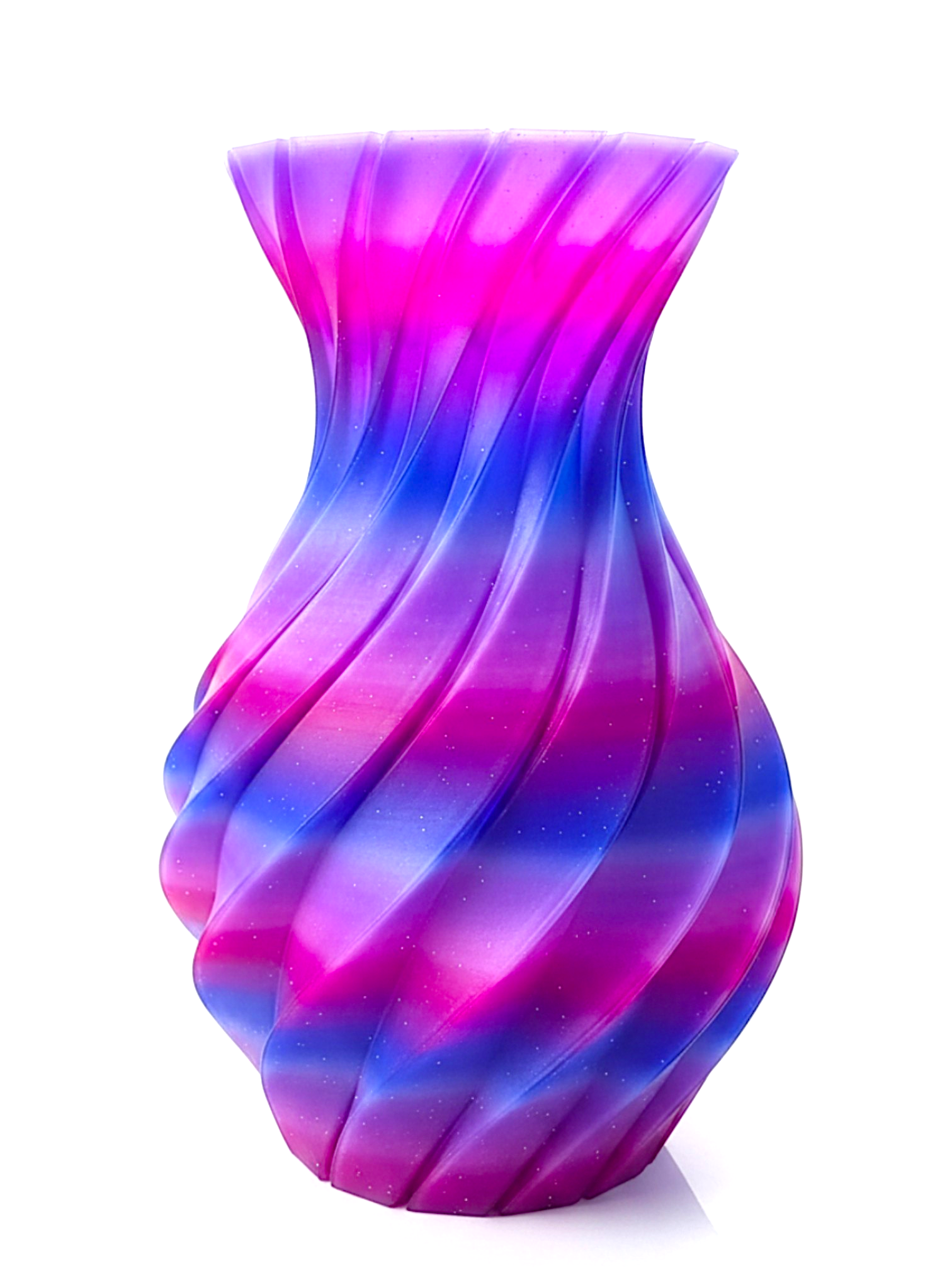 JT-PRINT-SERVICE Twisting Pillars Vase in Nebula colorway with lavender, blue, and magenta glitter PLA gradient finish.