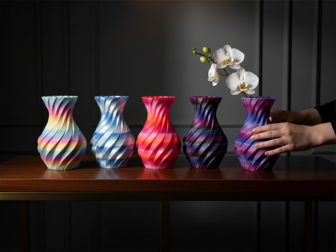 JT-PRINT-SERVICE Twisting Pillars vases in various gradient PLA colors displayed on a wooden table with an orchid.