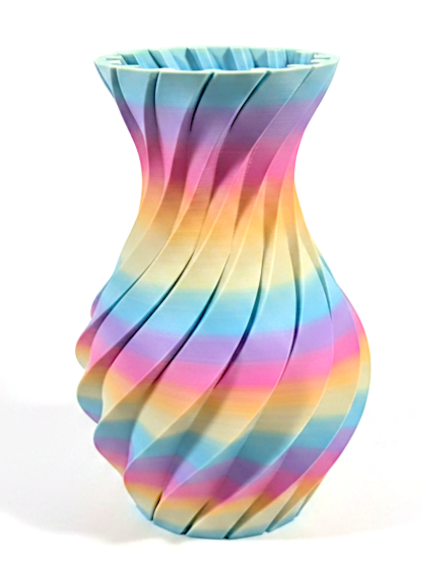 JT-PRINT-SERVICE Twisting Pillars Vase in pastel rainbow gradient PLA with a spiral ribbed design and flared rim.