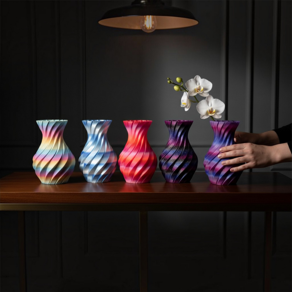 JT-PRINT-SERVICE Twisting Pillars vases in pastel, blue, sunset, dark galaxy, and nebula gradients on a wooden table.