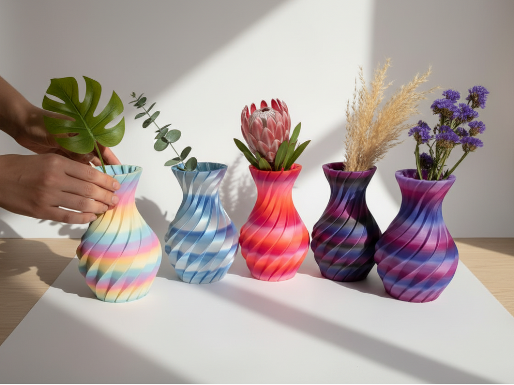 JT-PRINT-SERVICE Twisting Pillars vases in various gradient PLA colors with dried and artificial floral arrangements