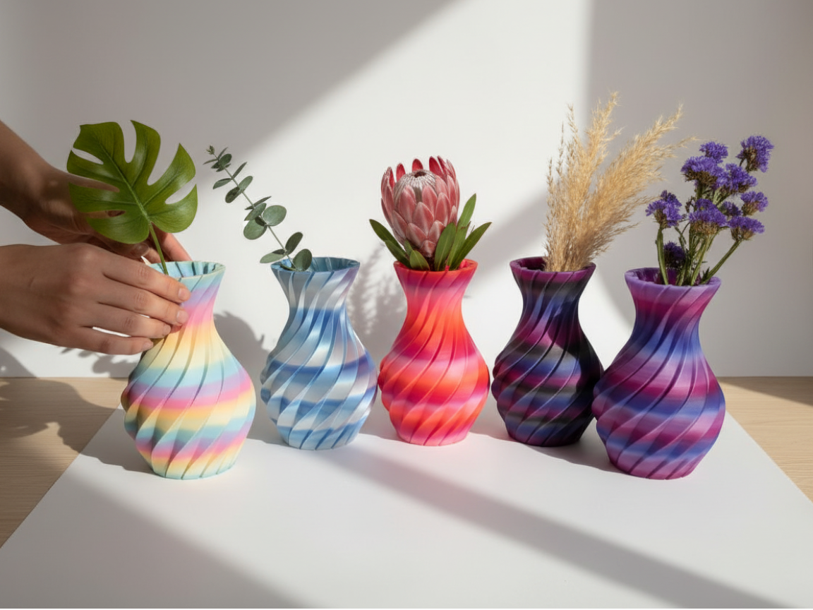 JT-PRINT-SERVICE Twisting Pillars vases in various gradient PLA colors with dried and artificial floral arrangements